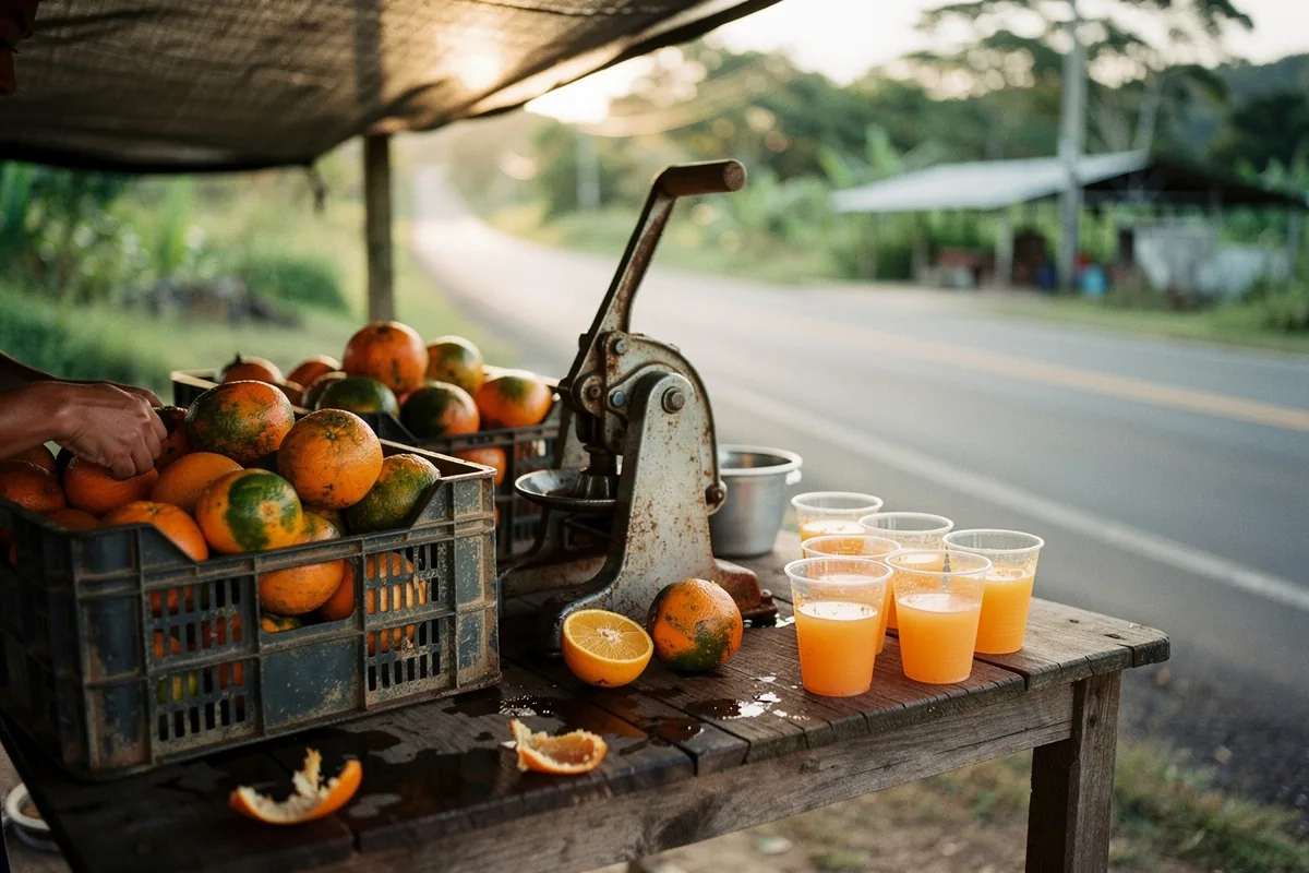 Una madre y sus hijos construyen su futuro vendiendo naranjas al borde de la carretera